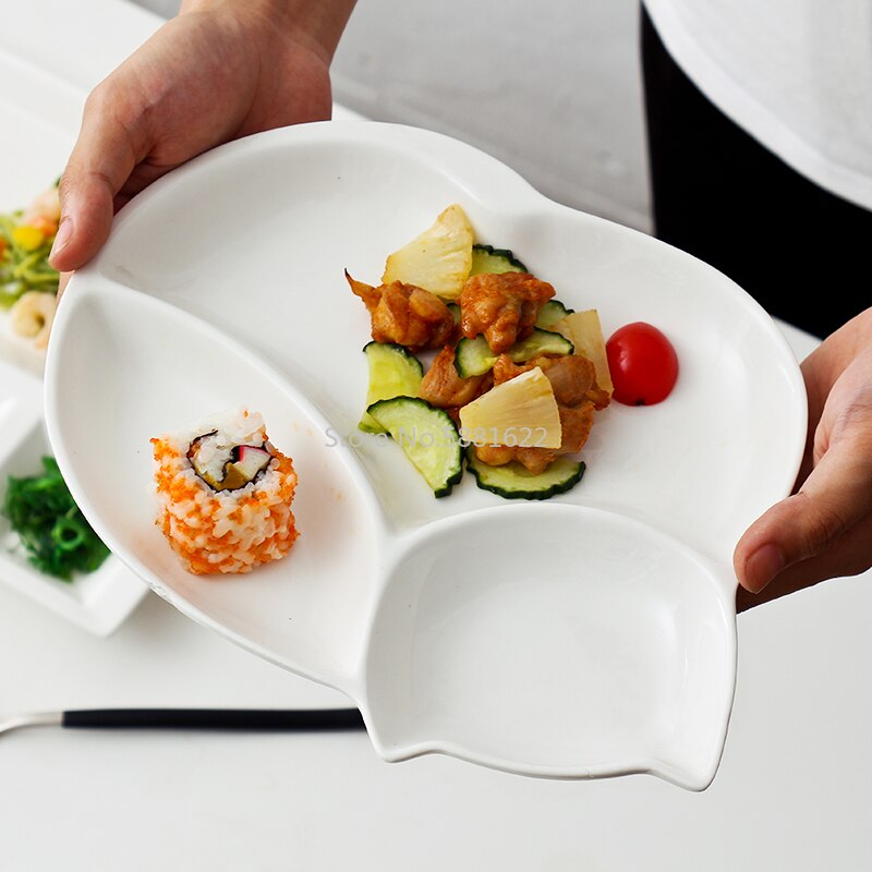 Plato divisor de cerámica blanco puro para niños, divididos surtido de alimentos para el hogar, separación de fruta, postre, plato de fruta seca