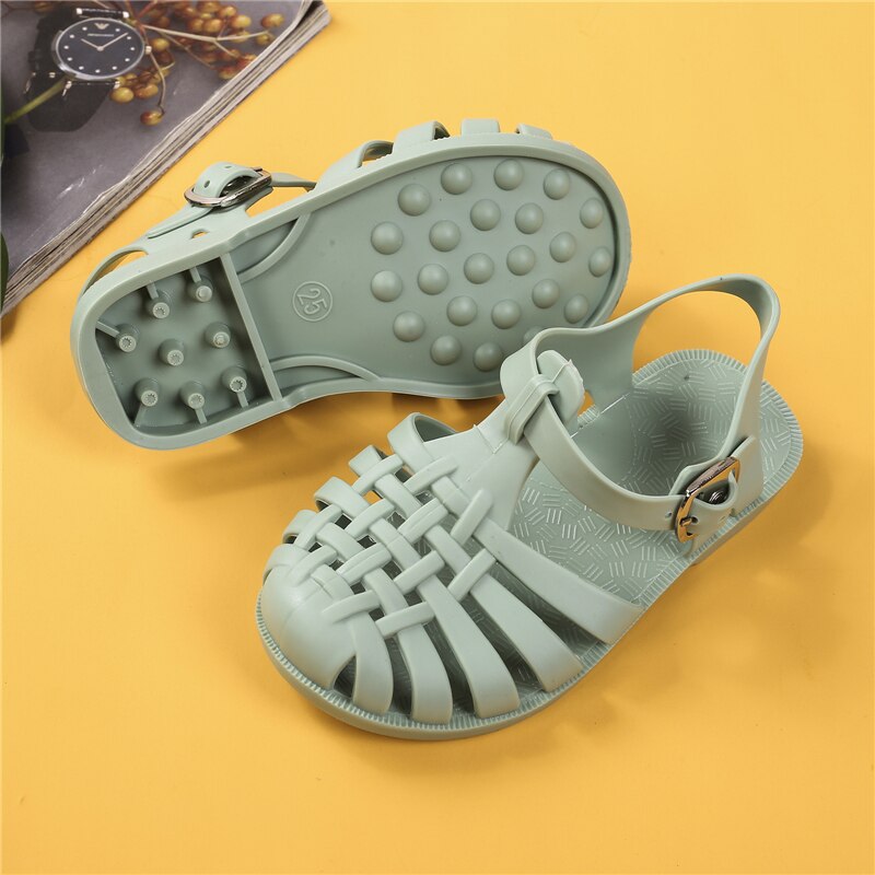 Sandales plates d'été pour enfants, chaussures de marche ajourées, couleur unie, pour filles et garçons