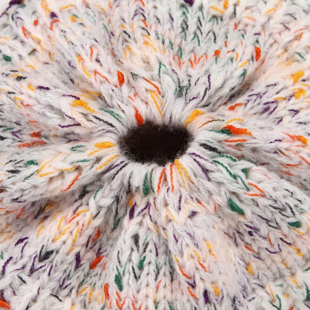 Ponytail Beanie Women's Girls Stretch Knitted Wool Crochet Hats With Label Caps Messy Bun Holey Warm Hat Winter Warm Cap Beanies