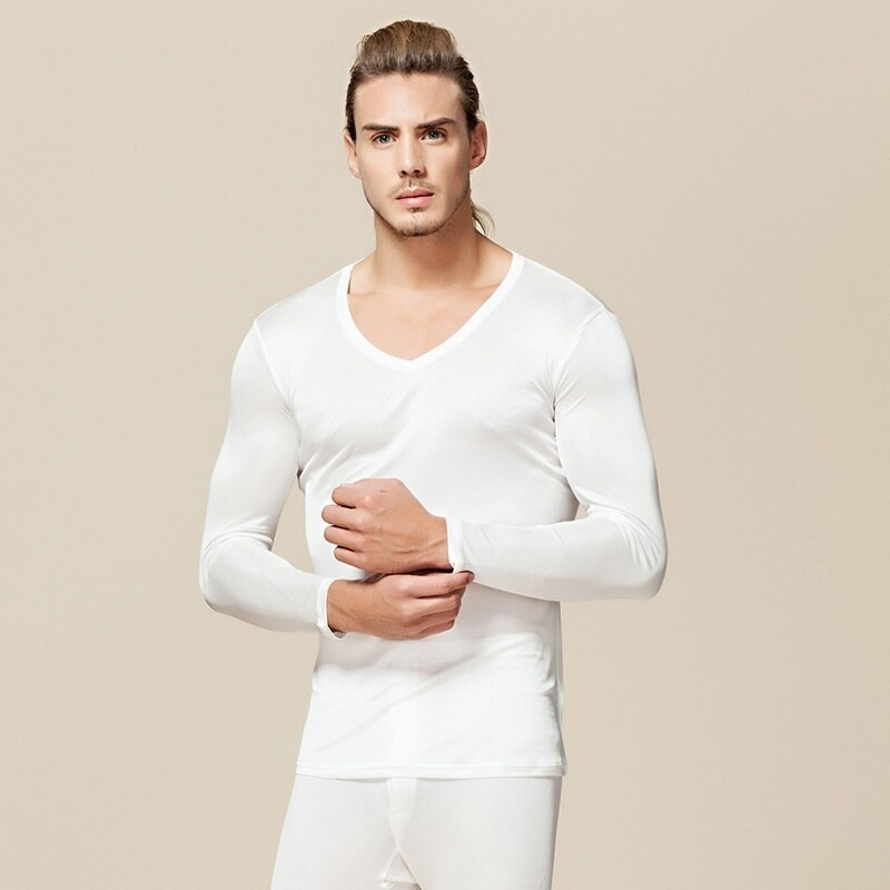 Silk Men Long Johns Elastic V Neck Underwear Sets Antibacterial Breathable Comfortable Autumn Suits: White / XXL