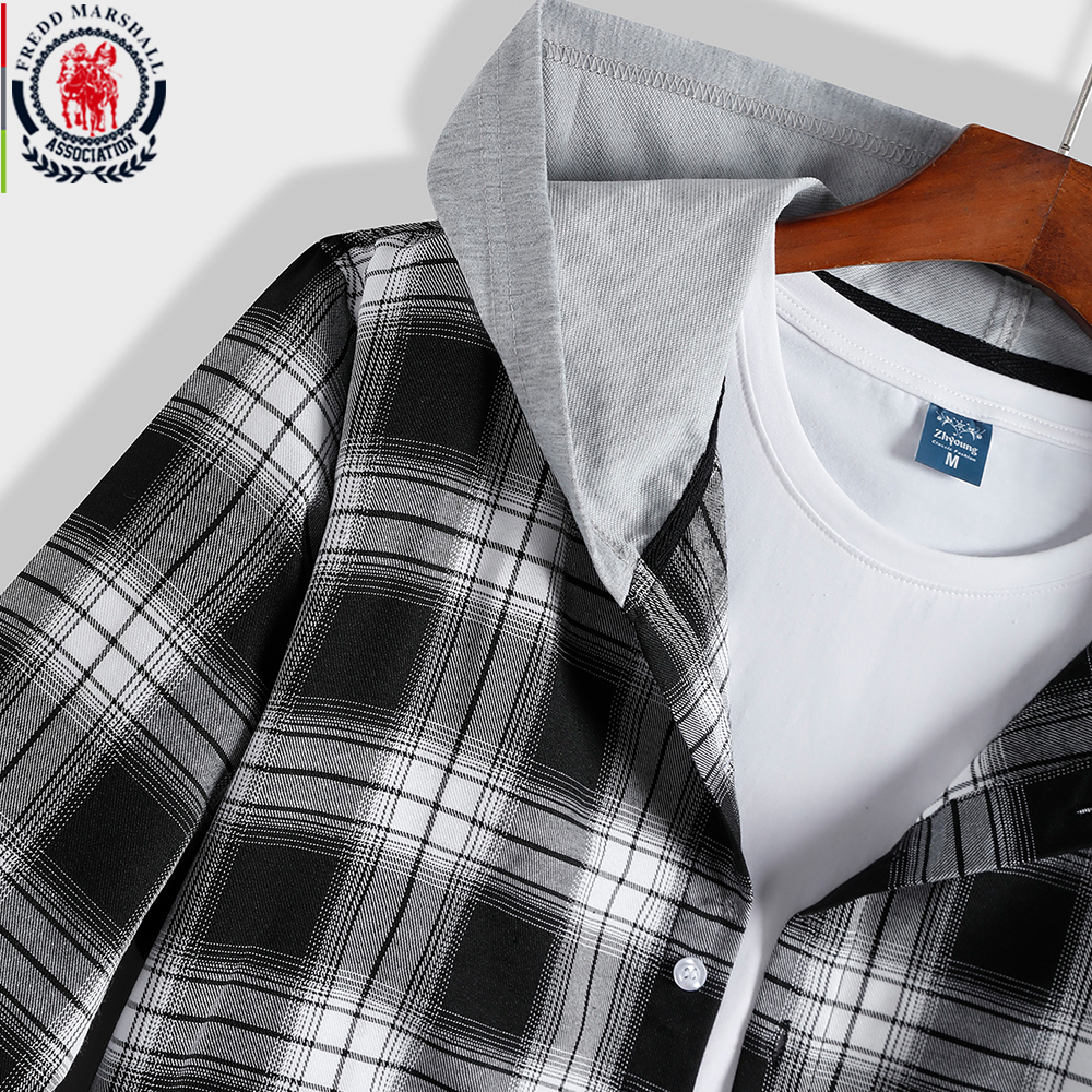 FREDD MARSHALL Spring Long Sleeve Plaid Hooded Shirt Men Casual Business Hood Shirts Outwear Male Clothing 4050