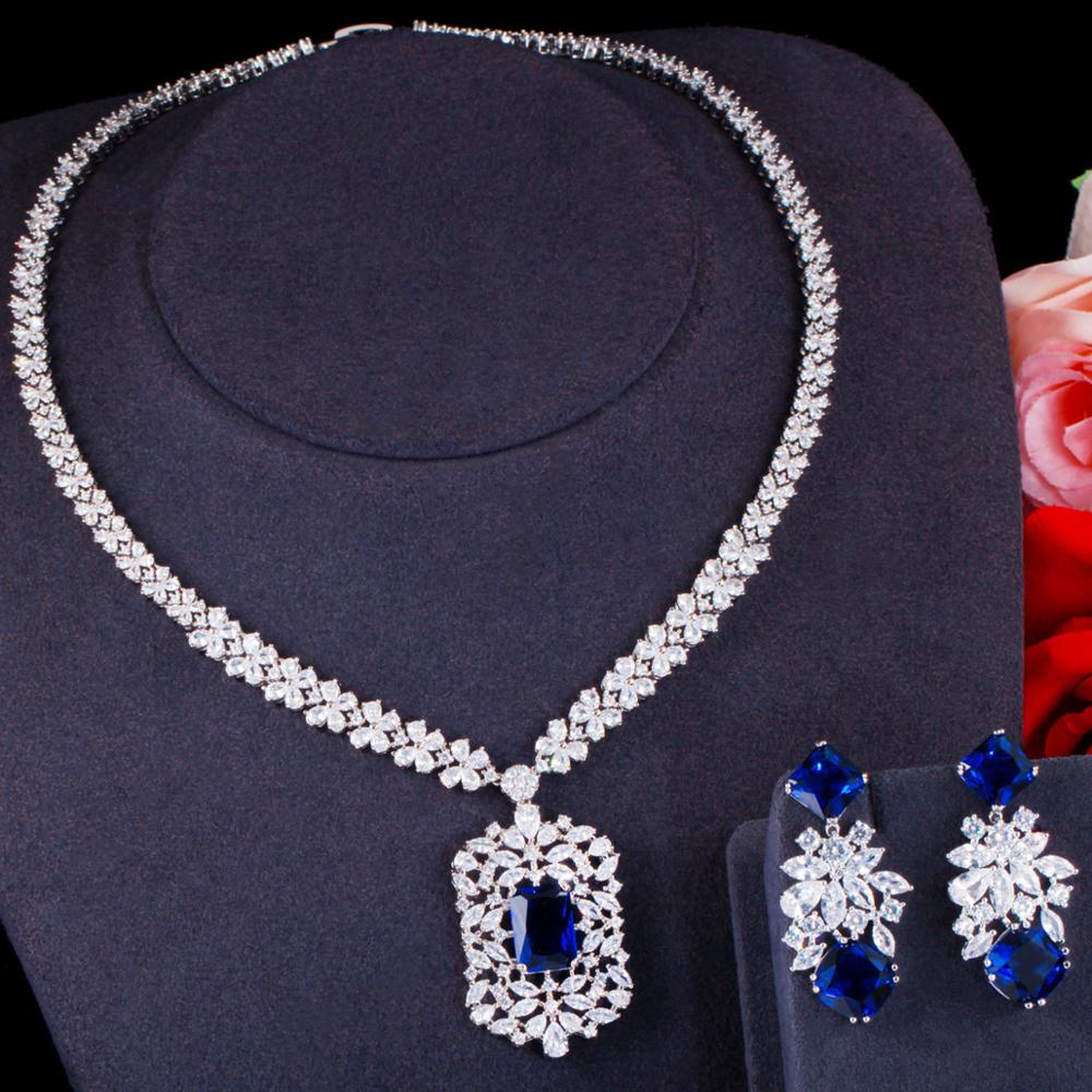 Pera Vintage Shiny Red CZ Kristall Große Blume Ohrringe und Halskette Luxus Hochzeit Schmuck Sets für Frauen Zubehör J402: Blue