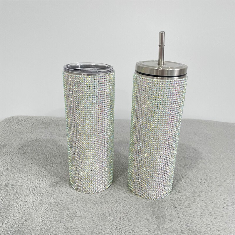 Luxury Diamond 20oz Bling Rhinestone Crystal skinny Tumbler Double Walled Insulated Stainless Steel Skinny Thermo With Lid Straw
