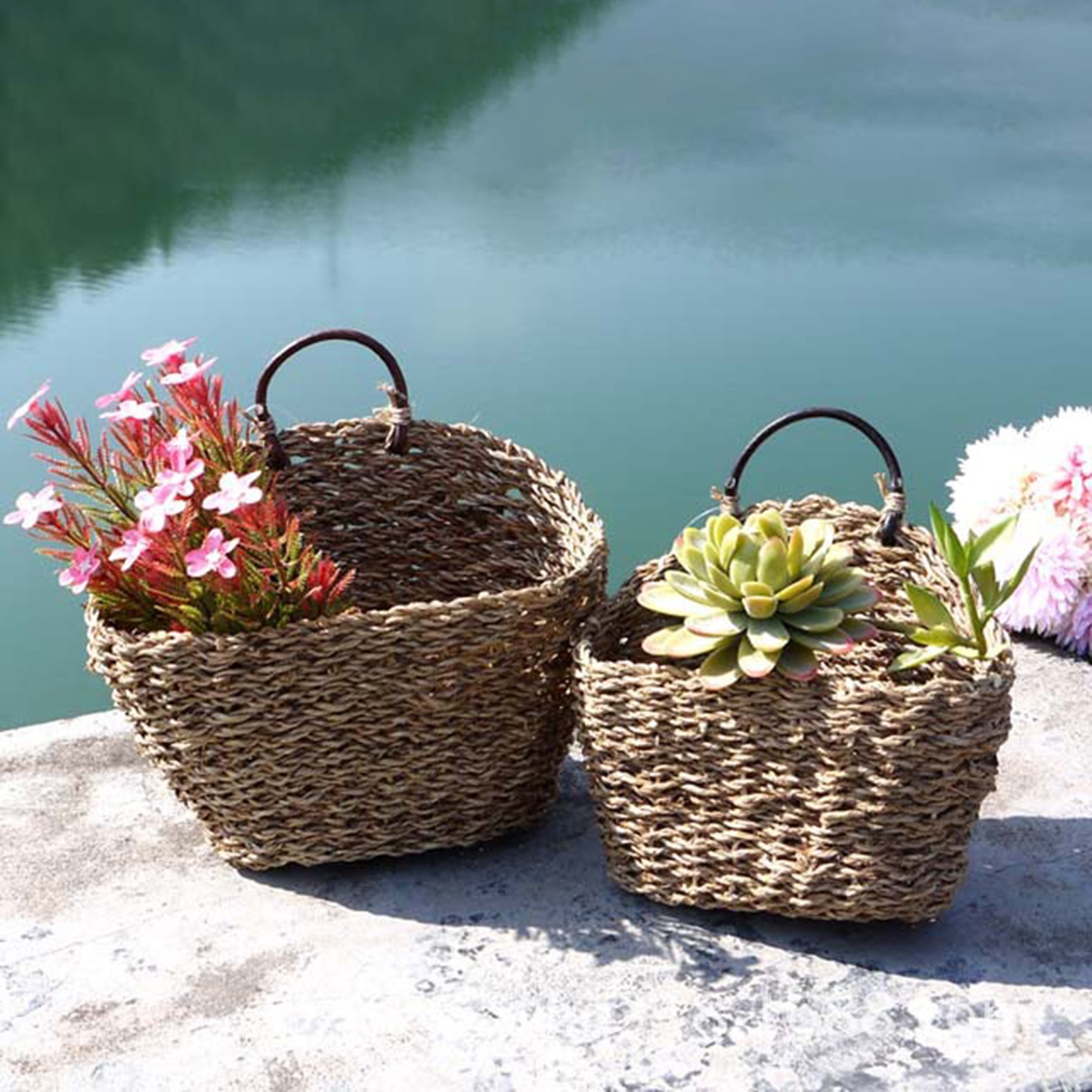 Woven Wall Hanging Flower Basket Seagrass Storage Basket Wicker Basket Rattan Laundry Basket Toy Holder Garden Decorative