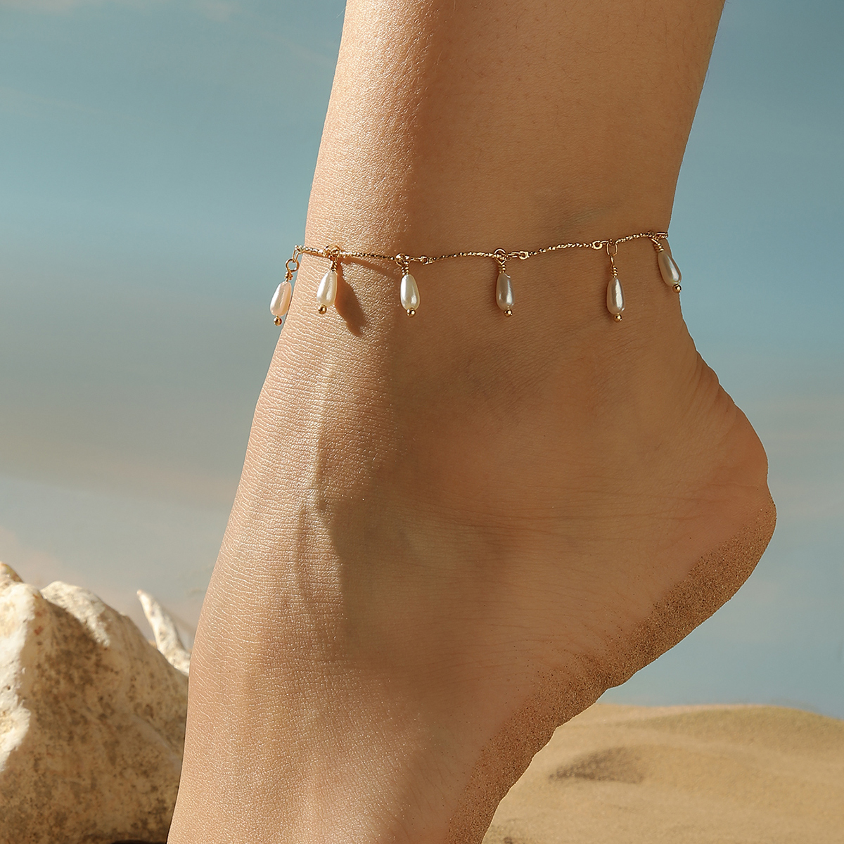 Eleganti cavigliere con zirconi e fiori di perle per le donne Sandali tutto'uncinetto a piedi nudi Gioielli per piedi Cavigliera per gambe sui braccialetti per piedi Catena per gambe: nero