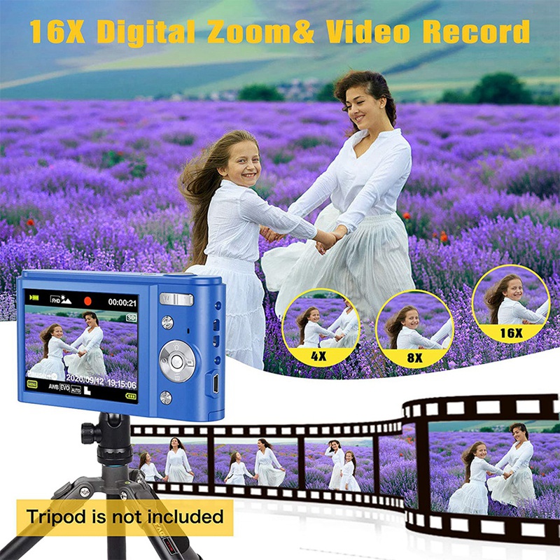 Fotocamera digitale 2.7K HD 44MP telecamera v(con Zoom digitale 16X, fotocamera tascabile compatta con luce di riempimento per adolescenti, blu