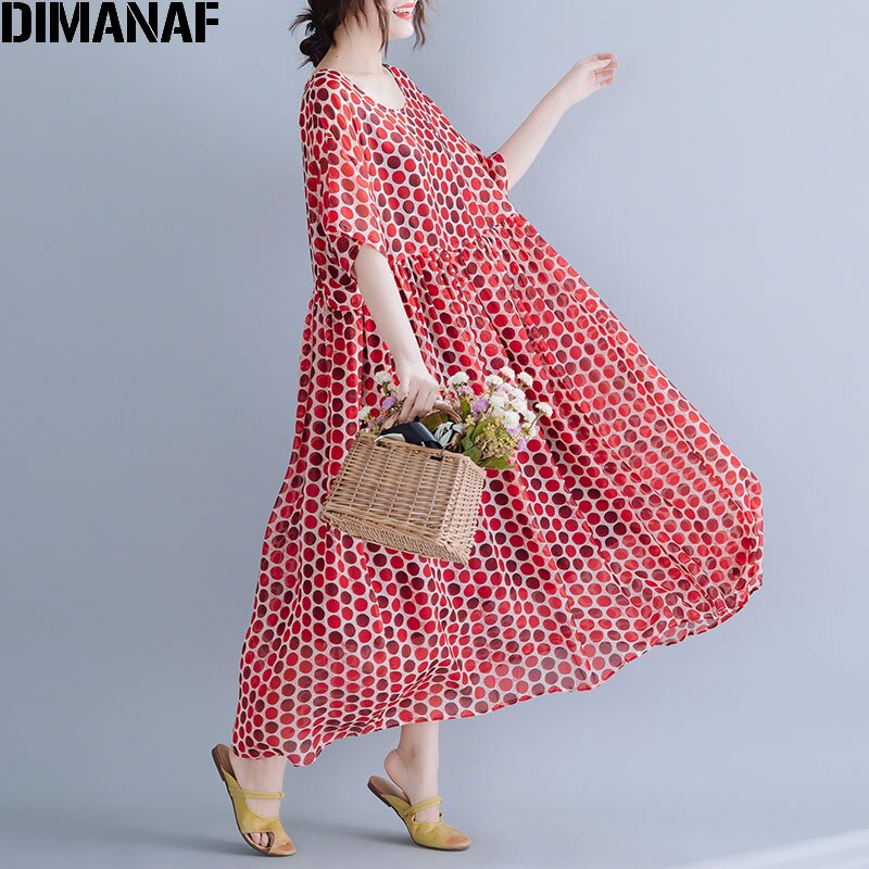 DIMANAF Plus Size Mulheres Polka Dot Vestido de Chiffon Estilo Praia Verão Férias Vestido de Verão Tamanho Grande Vestidos Soltos Vestidos de Impressão Feminino