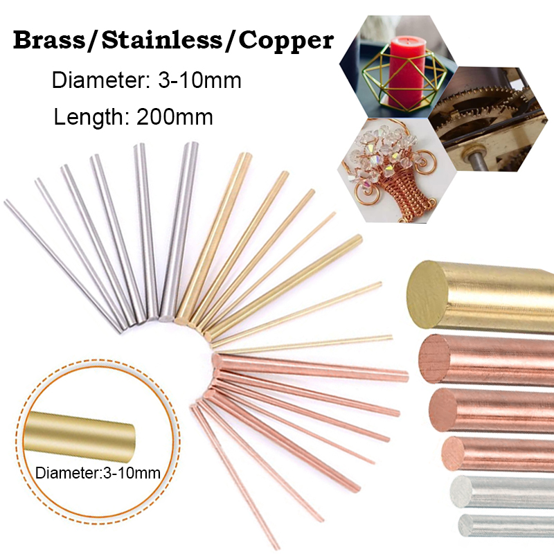 1-5 stk. metal rundstang til drejebænk, gør-det-selv-værktøj, diameter 3-10mm,  længder. 200mm,  metaller inkluderer messing, rustfrit stål, kobber
