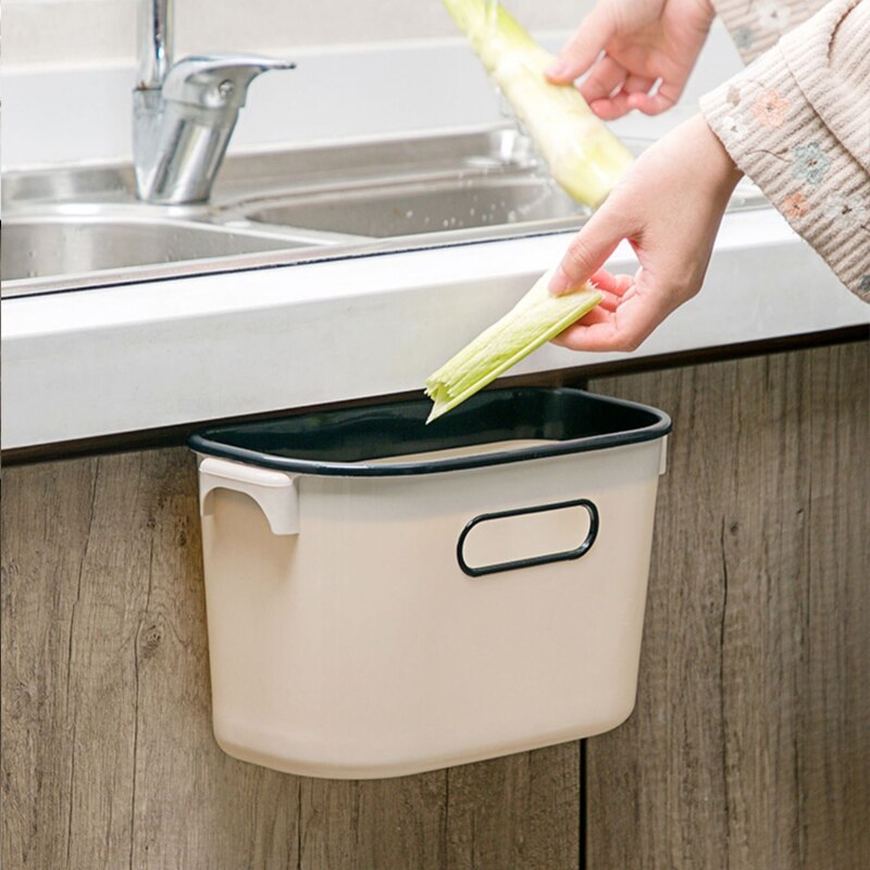 Cubo de basura de pared para cocina, colgador para puerta de armario pequeño para el hogar, papelera de plástico para Baño
