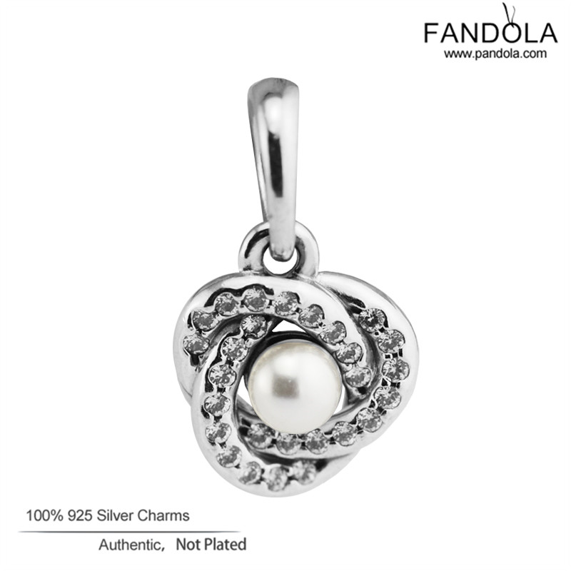 925 Sterling Silver White Crystal Pearl & Clear CZ Lichtgevende Liefde Knot Dangle Kralen Charm Fit Vrouwen Originele Armbanden