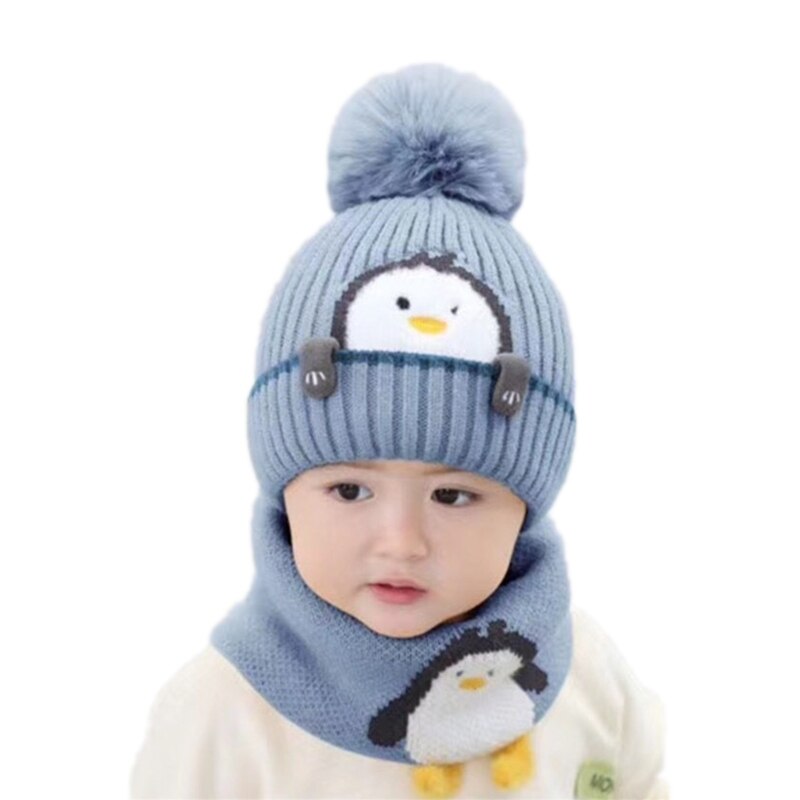 X5QF-gorro tejido de punto para bebé, bufanda de dos piezas, gorros para niños, gorros cálidos con solapa para las orejas, protección para las orejas para niños: Blue