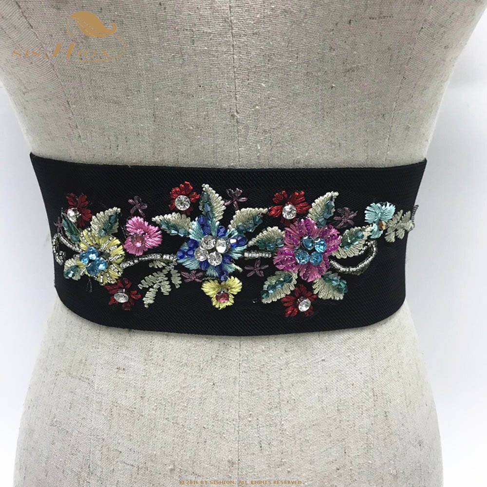 SISHION Embroidered Black Women Belt VD1229 Flower Floral Waist Corset Beautiful Stretch Elastic Waistband Wide