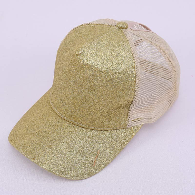 Skinnende kvinder hestehale mesh baseball cap rodet bun trucker cap sommer cool åndbar glitter sølv guld rød pink blå brun: Guld