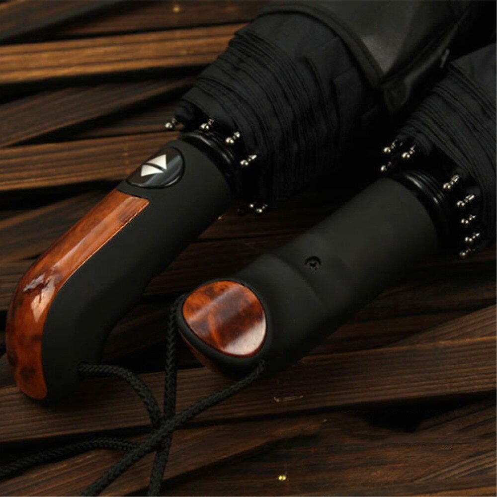 Automatic Umbrella Leather Imitation Wooden Handle Ten Bones Large Men's Business Pure Black Automatic Three Folding Umbrella