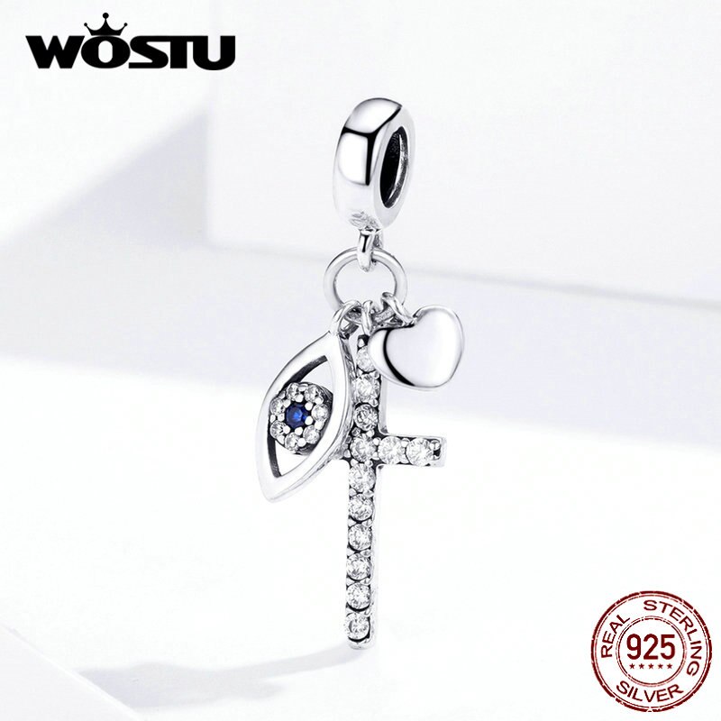 WOSTU Echt 925 Sterling Silber Kreuz Augen Charme Herz Perlen passen Original Armbinde & Armreifen Anhänger Silber 925 Schmuck DXC1327