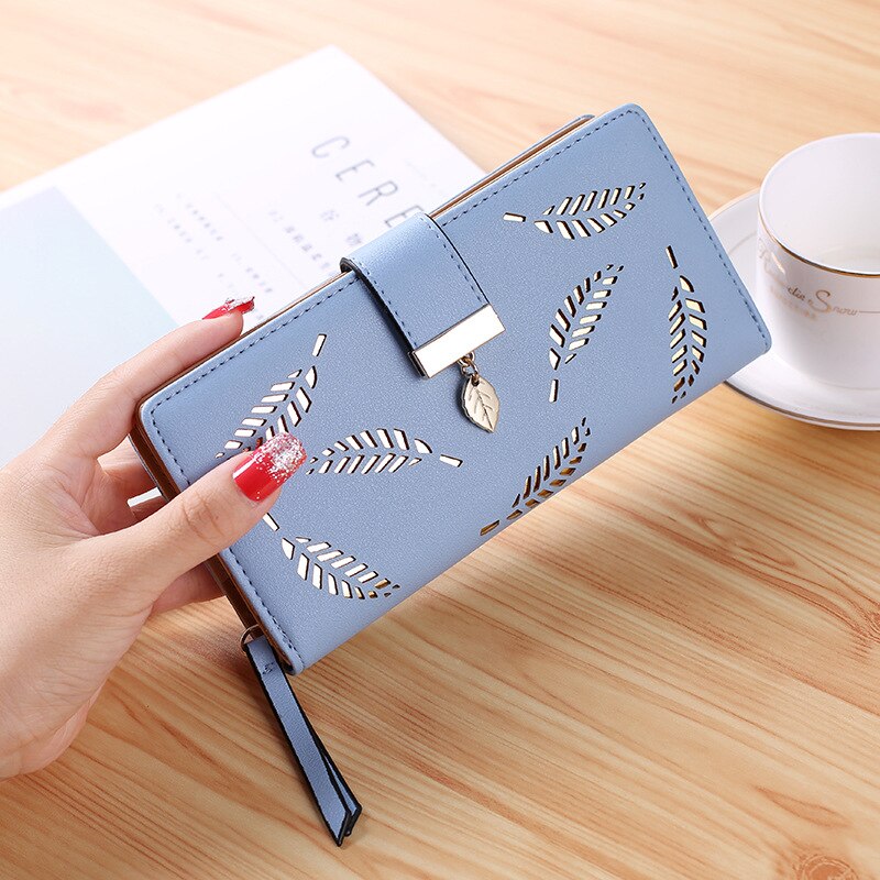 Women Wallet Female Long Wallet PU Leather Purse Hollow Leaves Pouch Handbag For Women Coin Purse Card Holders Clutch: Blue