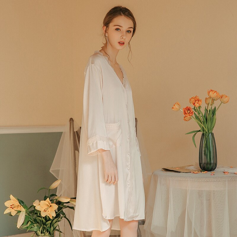 Sexy Sleep Tops Ladies Spring Autumn Summer Loose Simulation Silk Night Dress Plus Size Long Sleeve Lace Collar Sleep Clothes