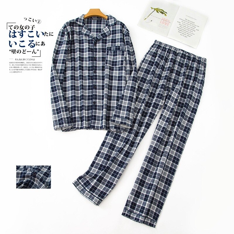 Man Herfst Winter Lange mouwen Broek Pyjama Set Vol Katoen Plaid Heren Pyjama Lange Slaap Nachtkleding mannen Slapen pyjama: Dark blue / XL