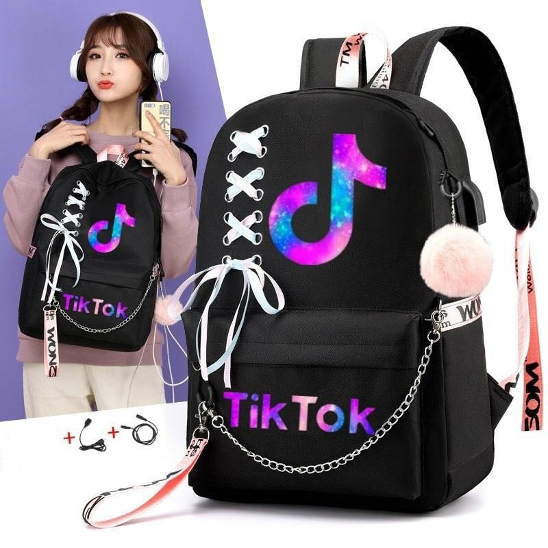 TIK TOK Women Backpack USB Charge Computer Backpack Waterproof School Bag for Teenagers Girls Boys Daily TIK TOK Mochilas: Blue