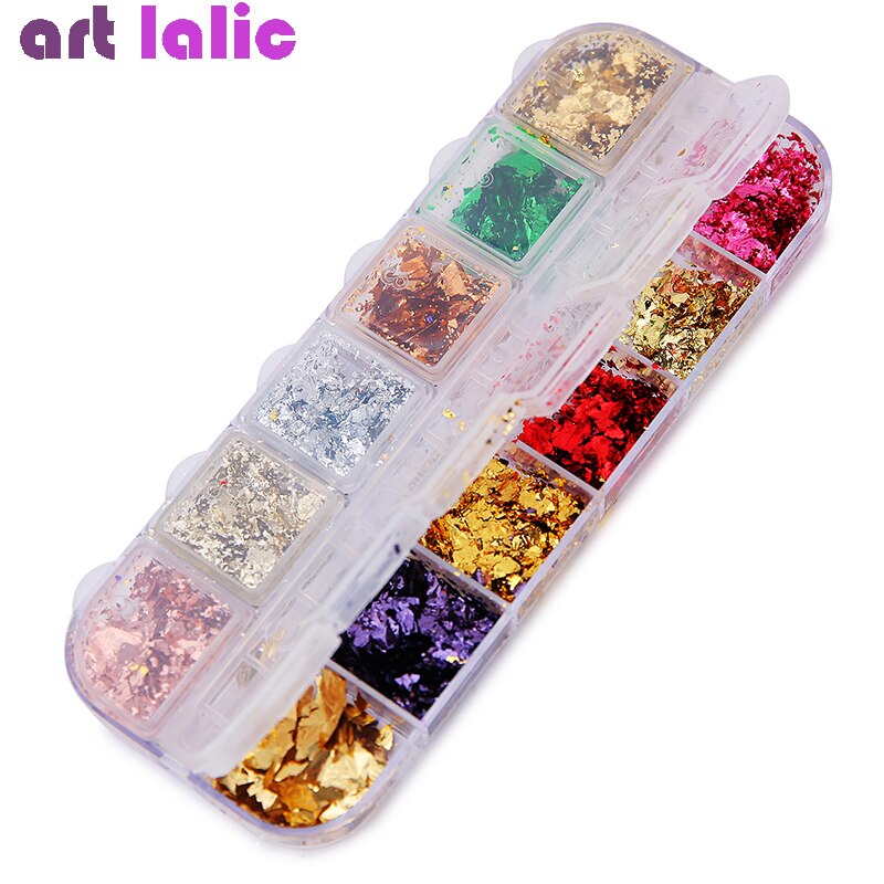 12 gitter en boks multifarve aluminiumsfolier uregelmæssig holografisk glitterfolie pailletter negle spejl flager pailletter manicure indretning