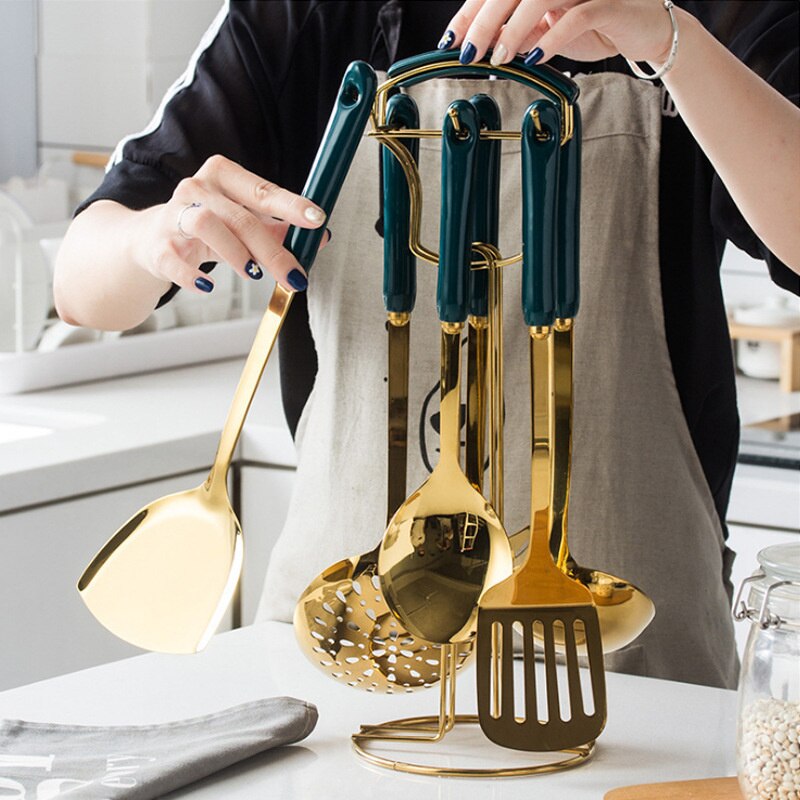 7PCS/Set Stainless Steel Emeraid Soup Ladle Spatula With Holder Ceramics Handle Multi Kitchen Tools Cooking Utensils Set