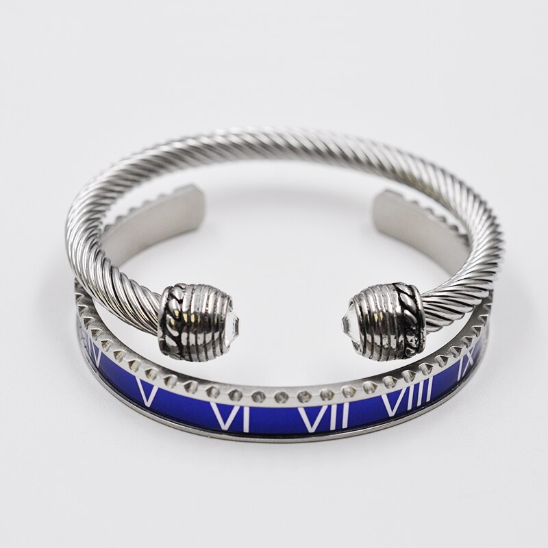 Outdoor Black Roman Numeral Bracelet Men's Cable Wire Rope Bracelet Stainless Steel Men Bangles Punk Street Jewelry Accessories: Set Silver Blue