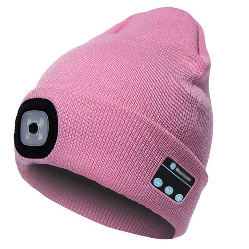 Bluetooth led strikket beanie hat indbyggede stereohøjttalere strikket hætte til camping løbende fiskeri: Lyserød