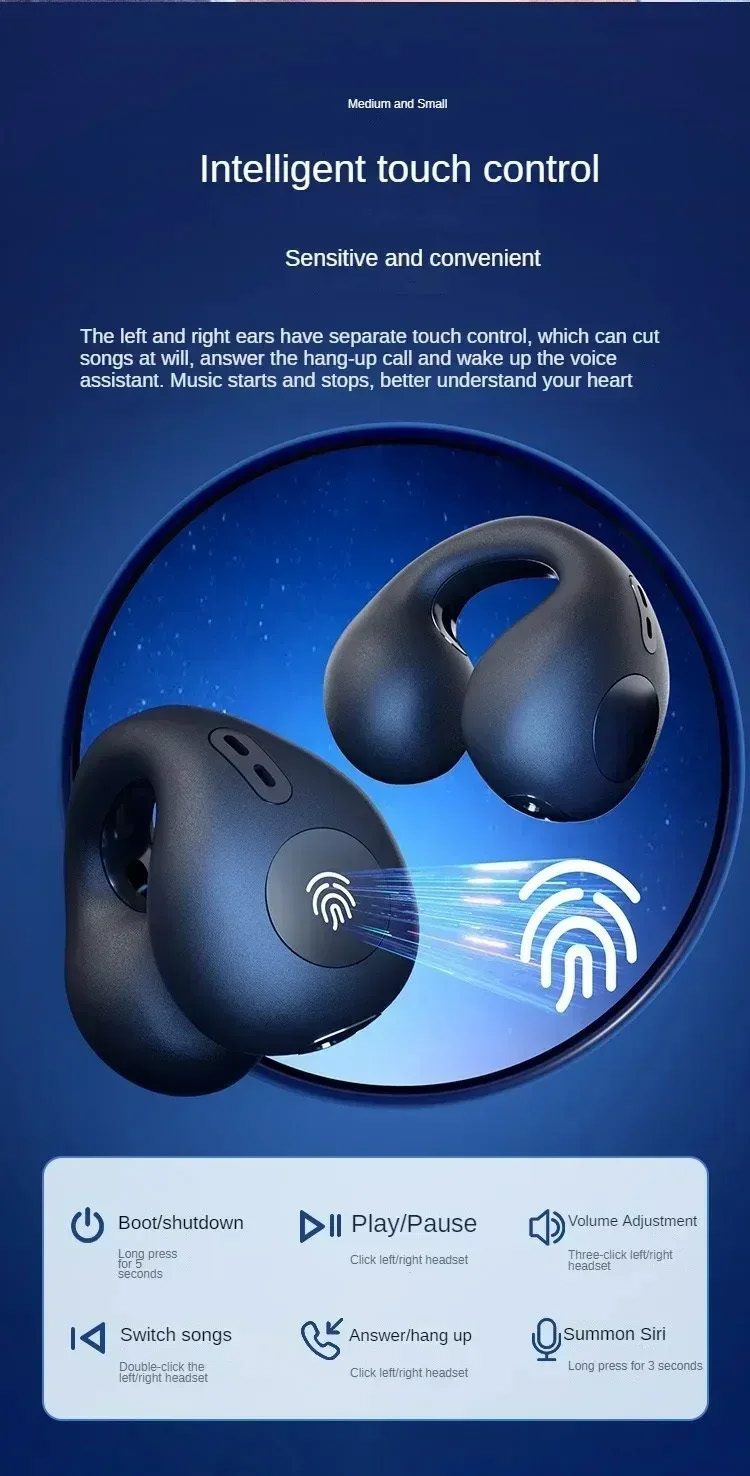Bluetooth Headset 5.3 Wireless Bone Conduction Headphones Clip Ear Music Noise Canceling HD Call Sports Gaming Earphone