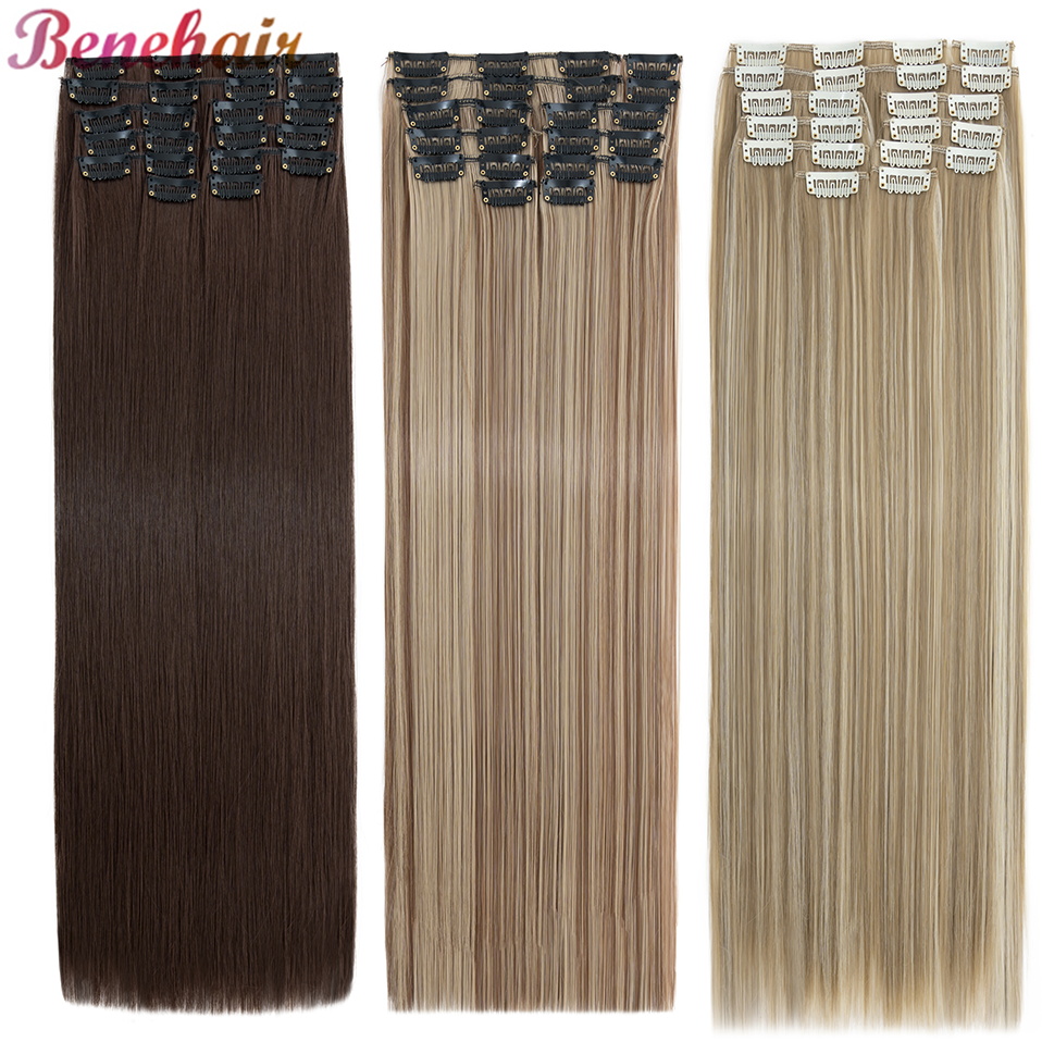 BENEHAIR 180g Straight Clip in hair extensions 22" 12PCS Hair Extensions for Women Full Head Heat Resistant Synthetic Hairpiece