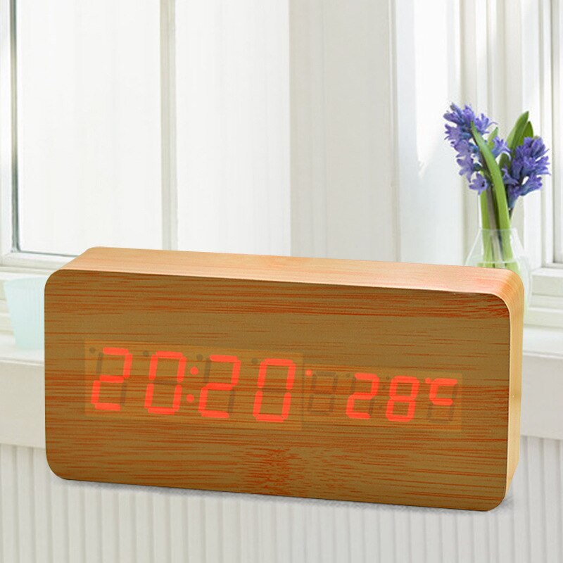 LED Intelligente Voice Control Wekker Met Thermometer, Houten Houten Klok, Digitale Horloge Klok, elektronische Klok En Kosten: Bamboo red light