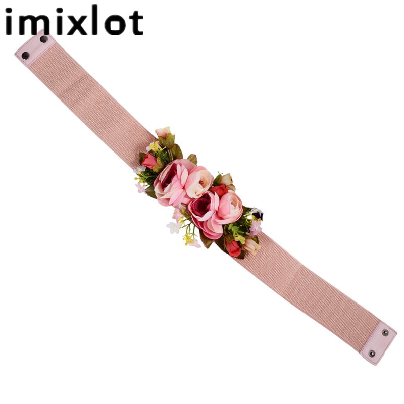 Imixlot Zoete Elegante Vrouwen Roze Bloem Riem Elastische Taille Ketting Bruiloft Gesp Tailleband Boho Bloemen Riem Accessoires