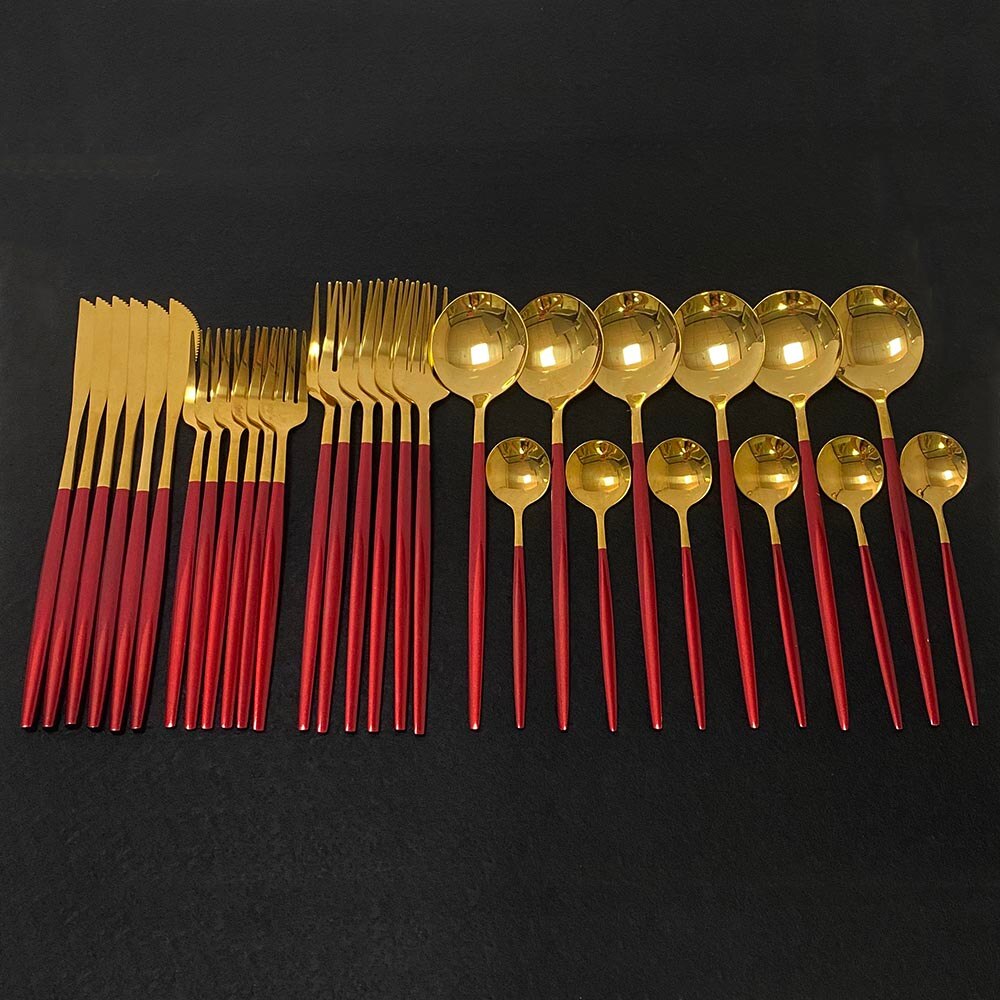 30pcs Dark Green Dinnerware Set 18/10 Stainless Steel Cutlery Set Flatware Tableware Set Dinner Knife Fork Spoon Dishwasher Safe: Red Gold
