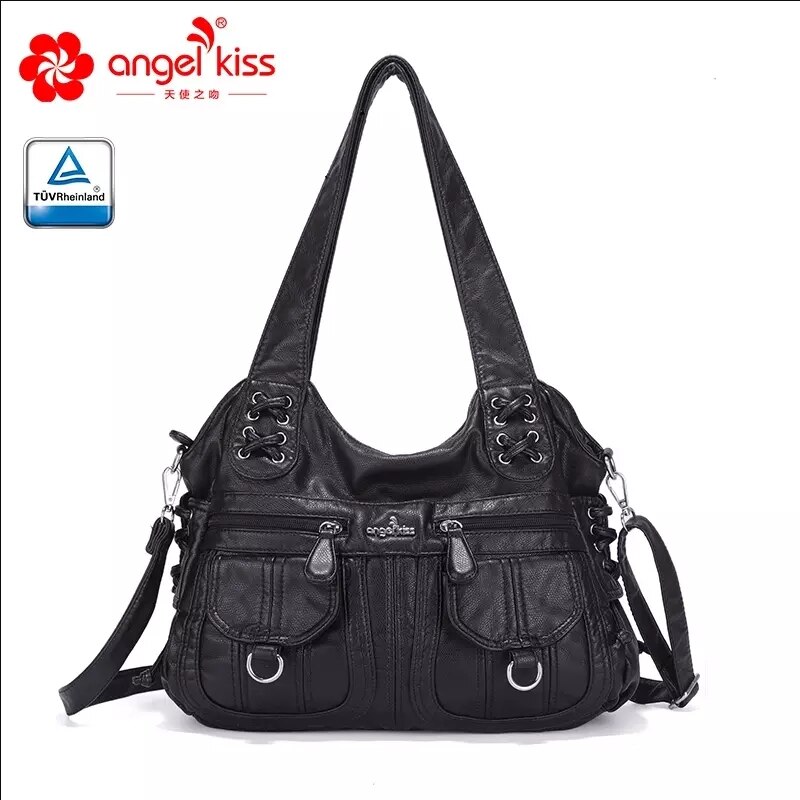 Angelkiss Gewassen Pu Vrouwen Handtas Dame Schoudertas Dubbele-Compartiment En Multi-Pocket Ruim Messenger Tote Met Lange band