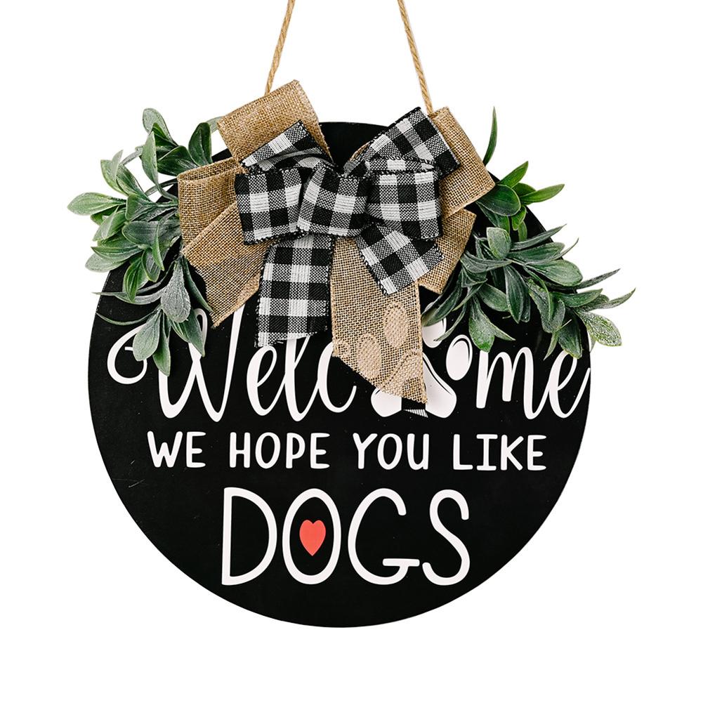 Wooden Doorplate Welcome Sign Home Decoration Leaf Wreath Door Pendant Trim: Black and white grid