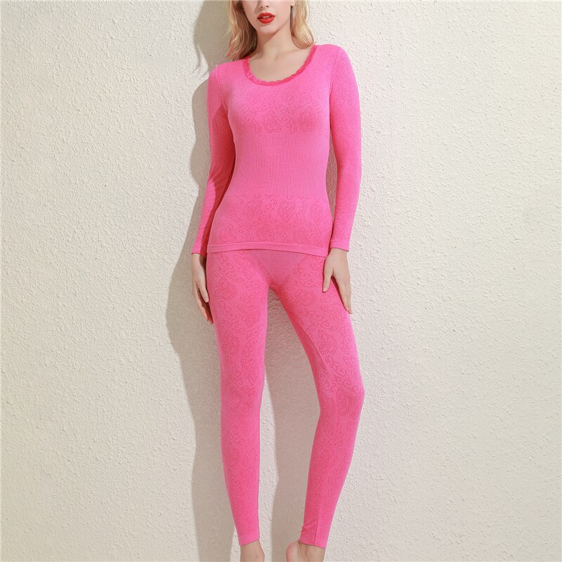 Femmes Sous-Vêtement Thermique Ensemble Dames Automne Hiver Vêtements Sans Couture À Manches Longues O COU Top Longue Confortable Femmes Sous-Vêtements Ensemble: Pink