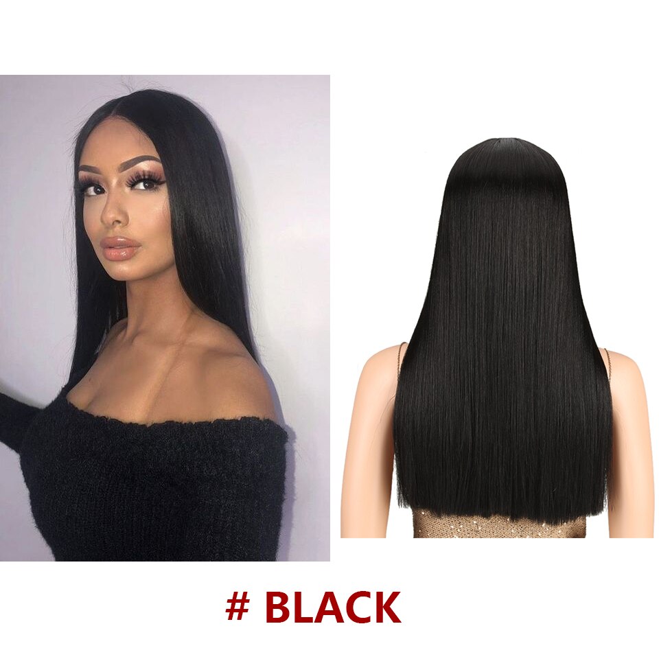 Bella Longue Droite Ombre Bleu & Vert Rose Blond Violet Violet Noir Bleu vert cheveux pièce 7 couleurs Résistant À La Chaleur Synthétique Dentelle Perruques Pour Les Femmes 20 pouce partie médiane droite colorée perruq: BLACK