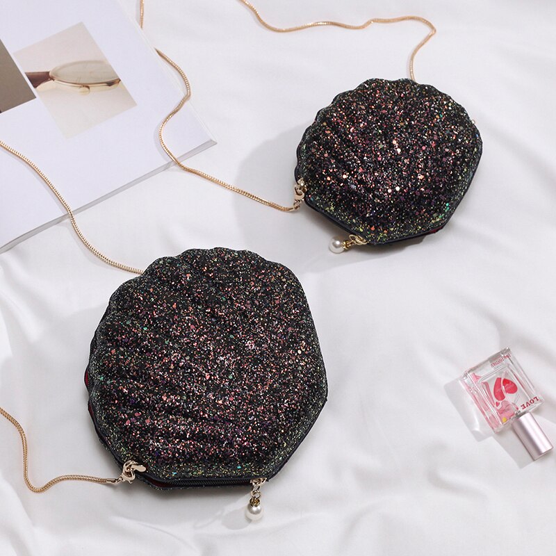 Paljettväska skalväska sommar läder handväska dam kedja axel messenger bag crossbody bolsos mujer: Svart stor