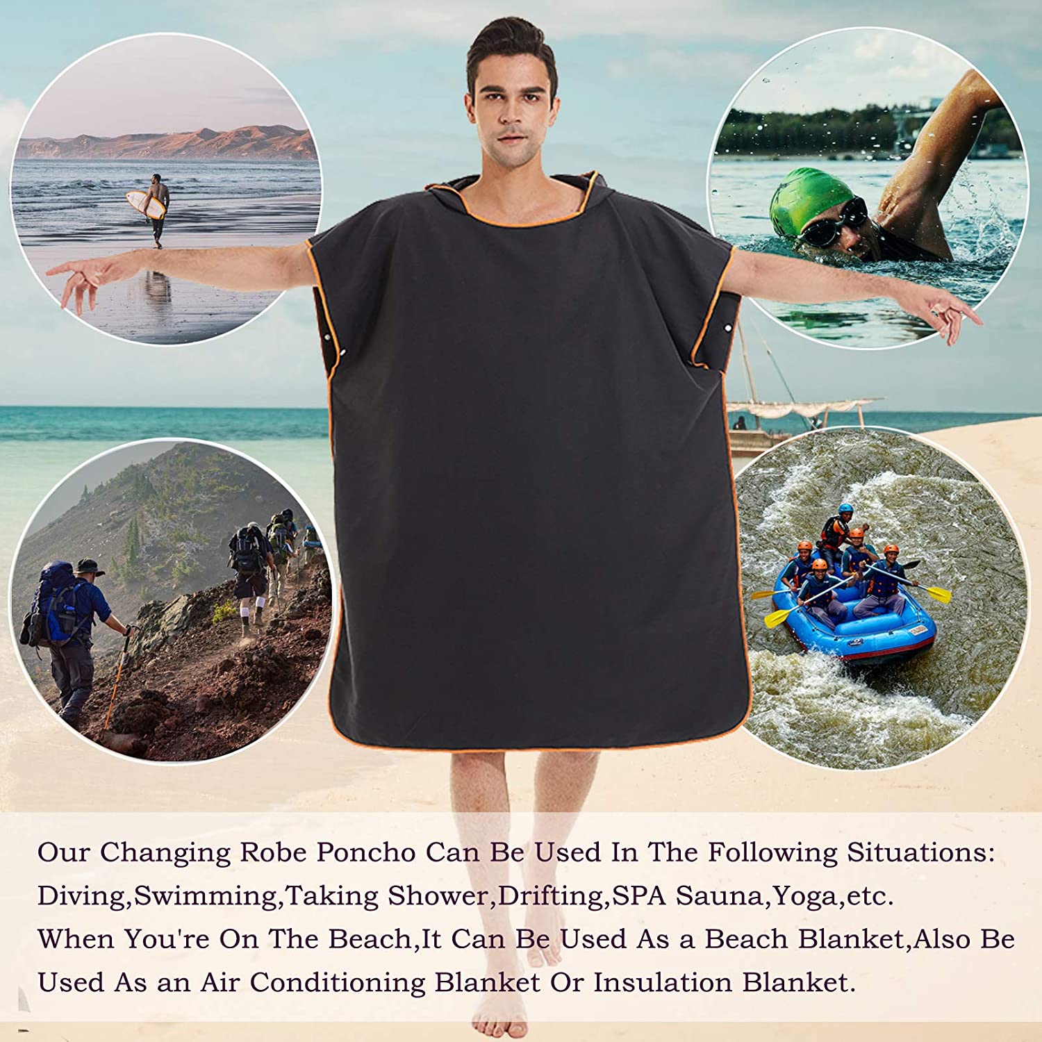 Surf Poncho Beach Changing Towel Robe with Hood for Surfing Swimming Drifting Bathing Adults Men Women