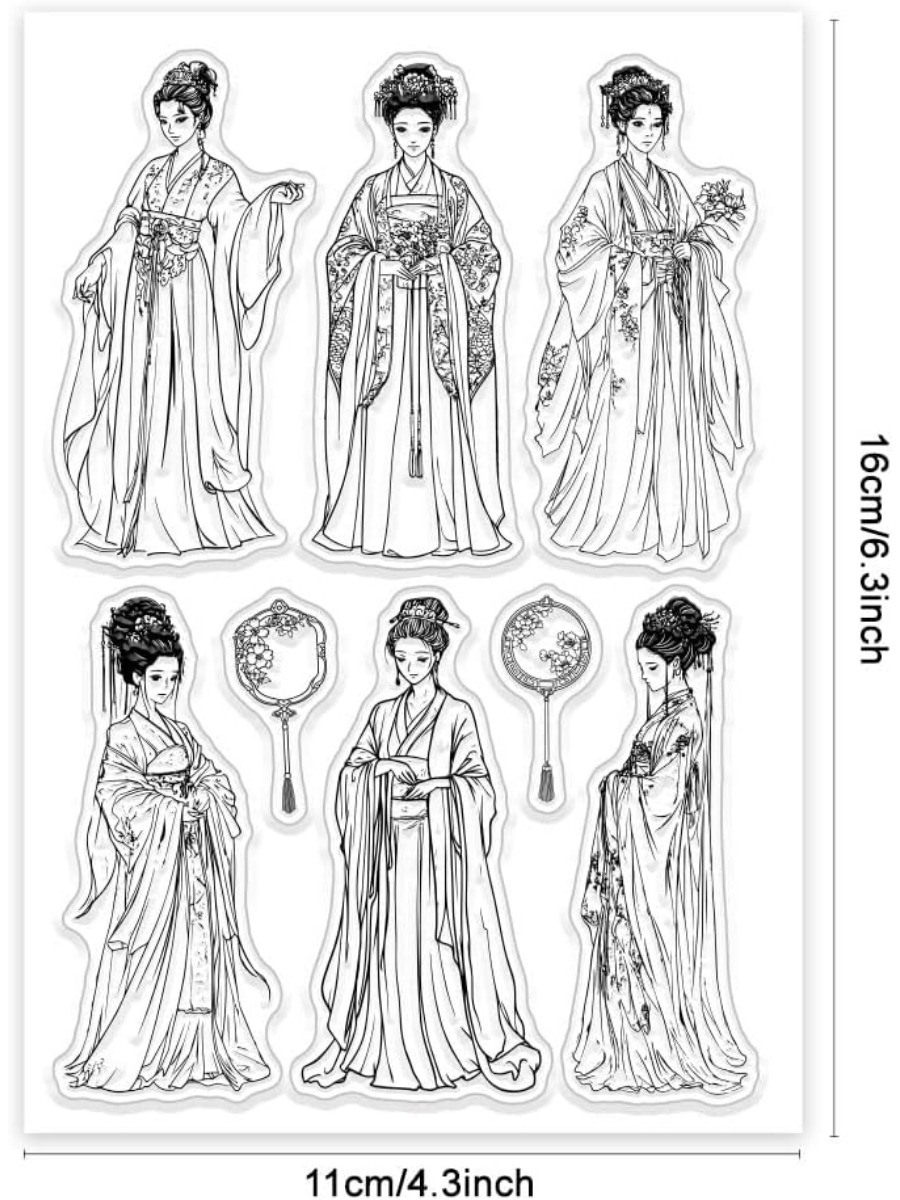 1 Vel Hanfu Vrouwen Clear Stempels Oude China Lady Siliconen Clear Stempel Zeehonden Fan Transparante Stempels voor DIY Scrapbooking Kaarten: WHITE