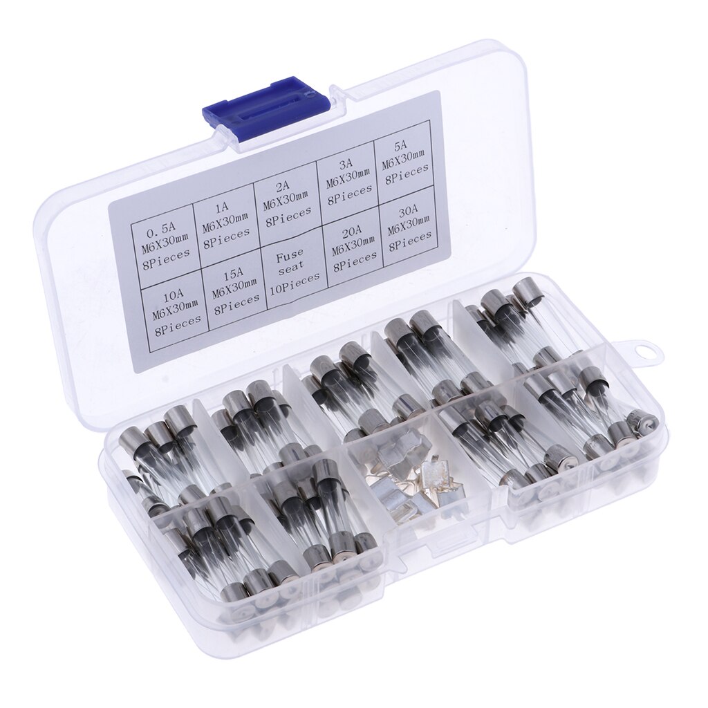 72- pack 6 x 30mm 0.5a-30a snelblazende glazen buiszekeringen kits voor elektronica zekering diverse kits doe-het-zelf snelblazende glazen buis