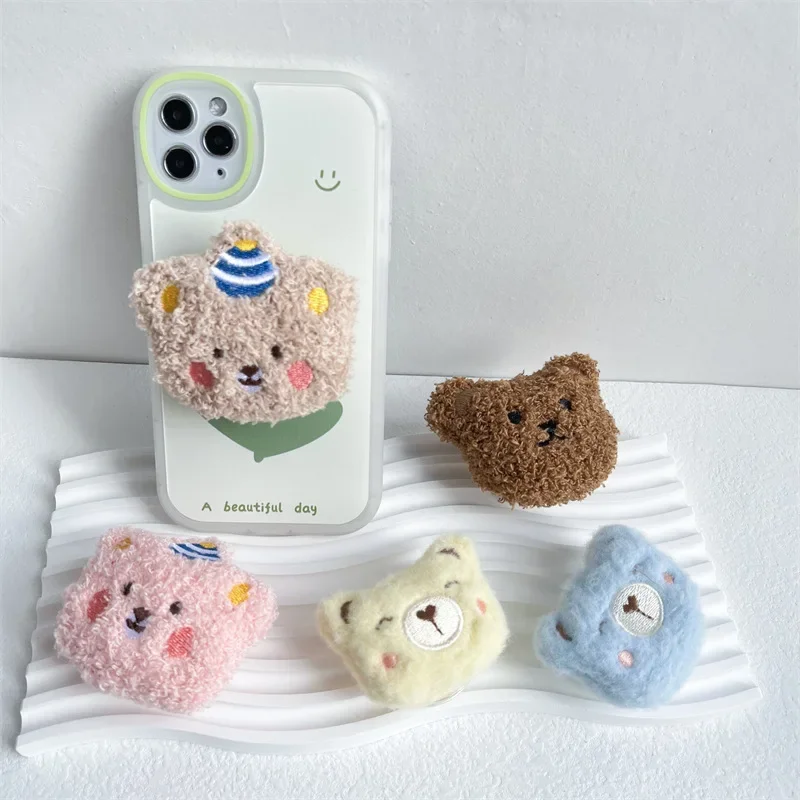 Cute Bear Fur Funny Fluffy Plush Folding Grip Phone Holder for IPhone Samsung Support Tok Socket Pocket Finger Griptok Stand