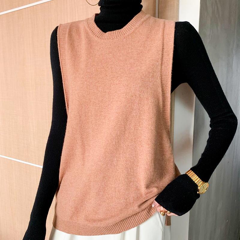 Lhzsyy - chaleco de cuello redondo para mujer, de lana pura, holgado, para exteriores, de punto, sin mangas, de cachemira, para primavera y otoño