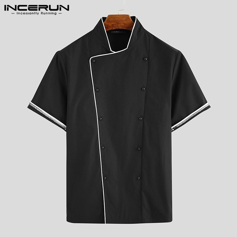 Incerun unisex kock uniform kortärmad dubbelknäppt arbetsjacka ståkrage matservering catering kök servitör toppar 5xl: Svart / M