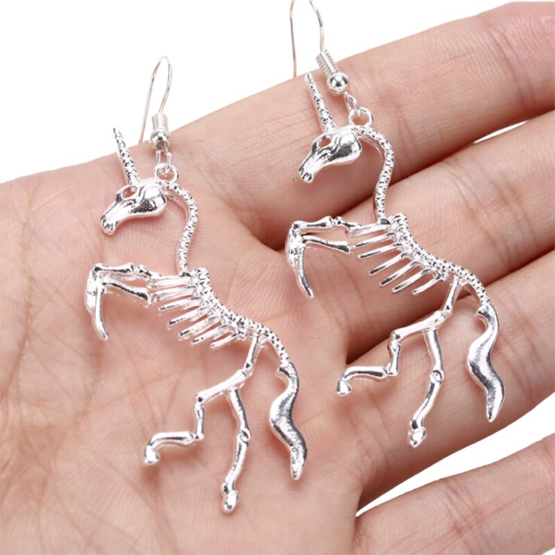 2 Pair Women Exaggerated Unicorn Skeleton Earrings Original Trendy Unicorn Animal Bone Dangle Earrings