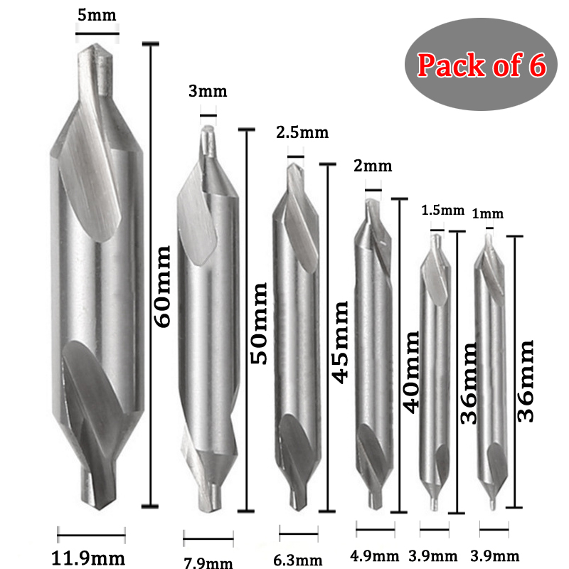 Combination Metal Center Drill Bit Set Double Sided HSS 60 Degree Countersink Drill 1mm 1.5mm 2mm 2.5mm 3mm 4mm 5mm: 6pcs Set