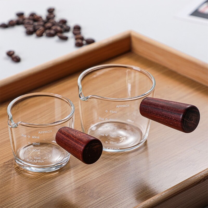 1 Piece Single Spout Measuring Triple Pitcher Milk Cups with Wood Handle 50/70ML Espresso Shot Glasses Parts &amp