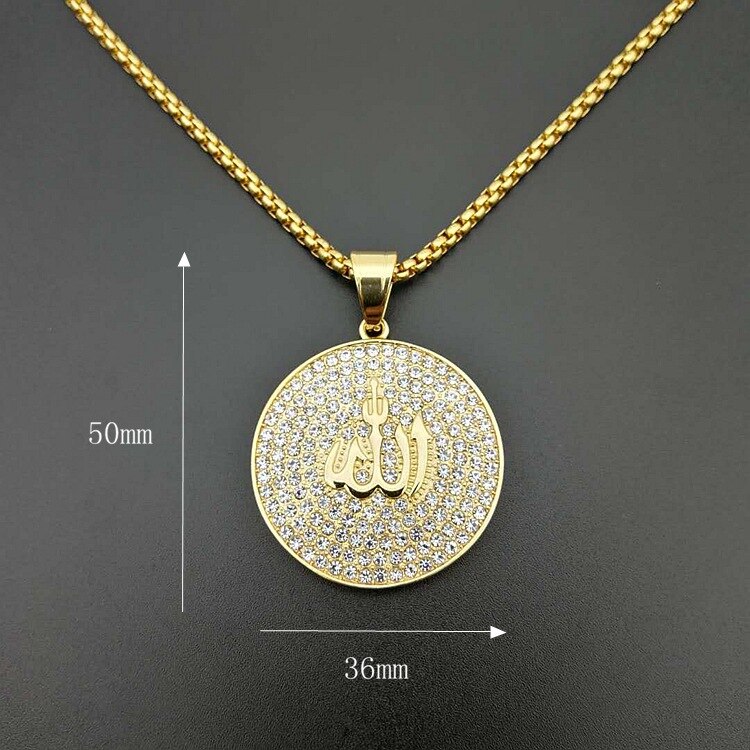 Hip Hop Iced Out Round Allah Pendant Necklace Stainless Steel Islam Muslim Arabic Gold Color Prayer Jewelry: XL1452 / 68cm