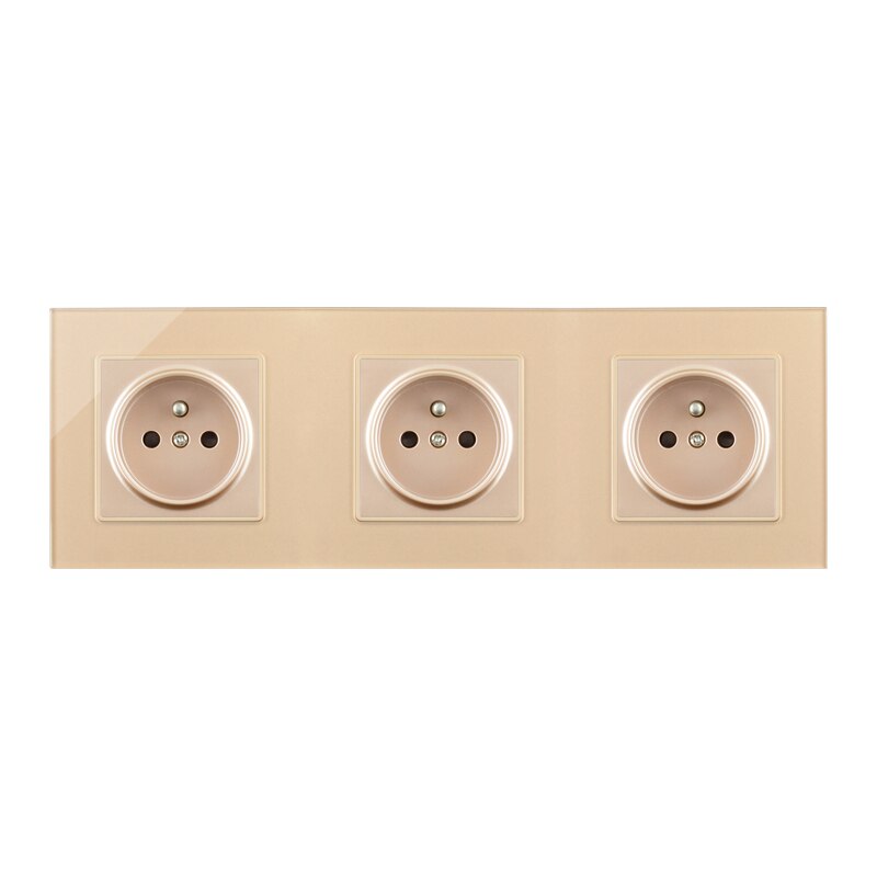 Frenc Stanard Electrical Socket AC110V-250V Plug Luxury Gold Socket Singel/Double/Trible/Quadruple Socket Crystal Glass Panel: Trible Socket