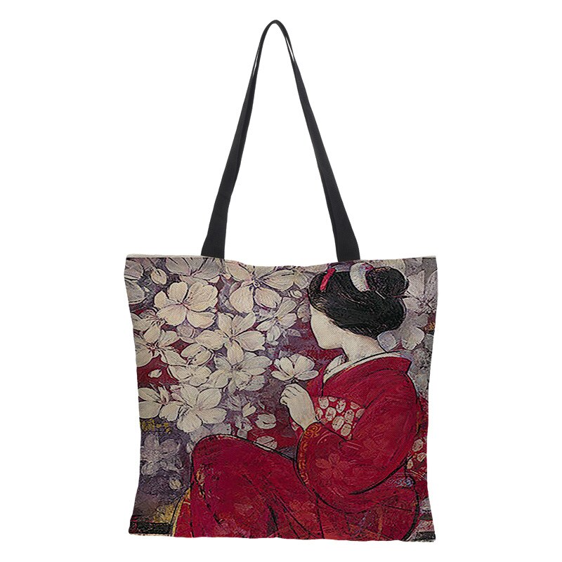 Arrangør opbevaringstaske ukiyoe dronning bomuld og hamp shopping shopper genanvendeligt tote stof kvinder skulder håndtasker taske arrangør: 05