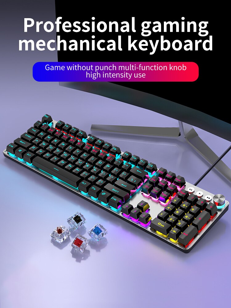 EWEADN Wired Gaming Mechanical Keyboard 104 Keycaps Blue Black Red Switch LED Backlit Multi Function for Computer PC Laptop Mac